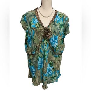 Silken green/teal floral blouse sz 2X